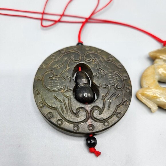 Jade Pendant Amulet Chinese Symbol Lot of 2 Deer Carved Stone Vtg 1980s - Picture 2 of 10